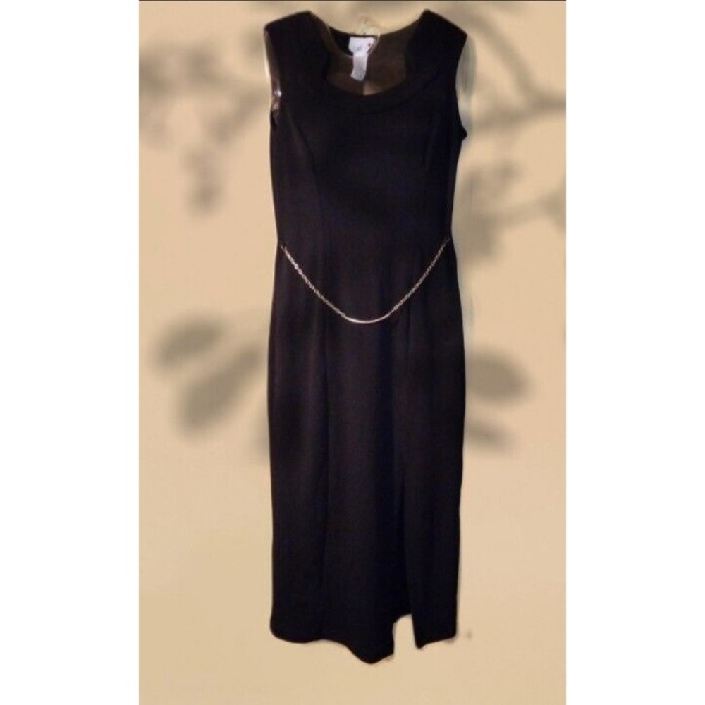 Scarlett VTG Retro 90s Y2K Classy Black Side Slit Maxi Dress Deco Neckline 9/10
